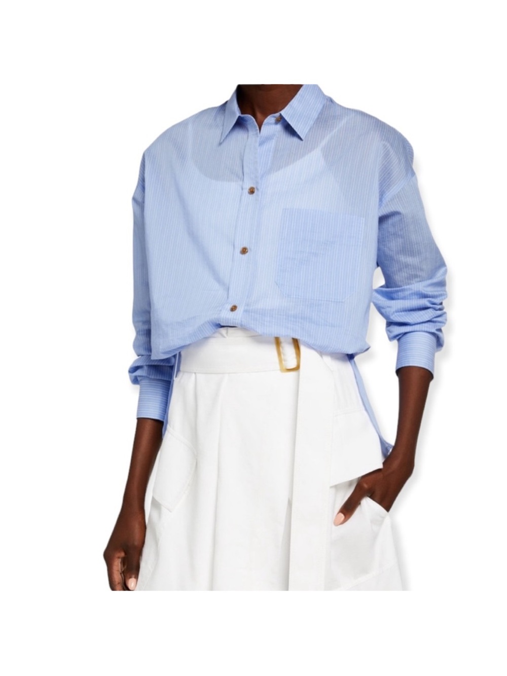 Vince Striped Split Back Silk and Cotton Blue Button Up